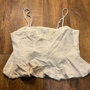 Dress‎ Forum Size Large Linen Babydoll Tank Top Blouse Beige Tan Womens Ruffle